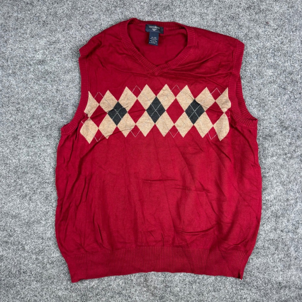 Dockers Sweater Vest Mens XL Red Argyle V-Neck Cotton Knit Sleeveless Preppy